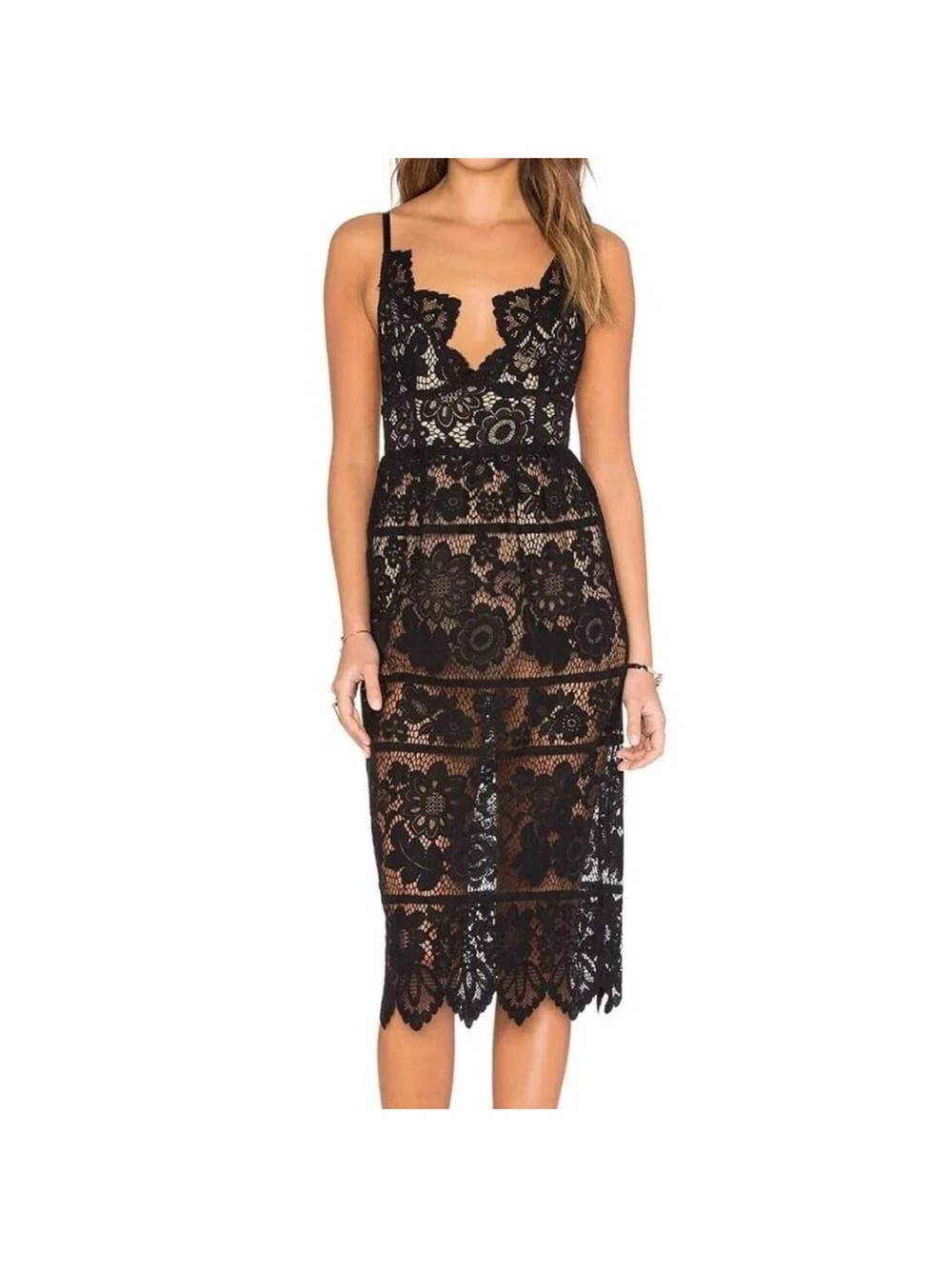 For Love and Lemons Gianna Black Lace Midi Dress with Scalloped Hem New w/Tags